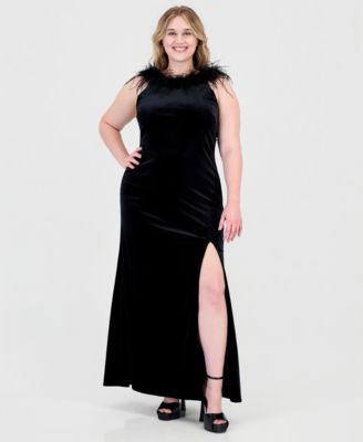 Plus Size Velvet High-Neck Feather Trim Gown