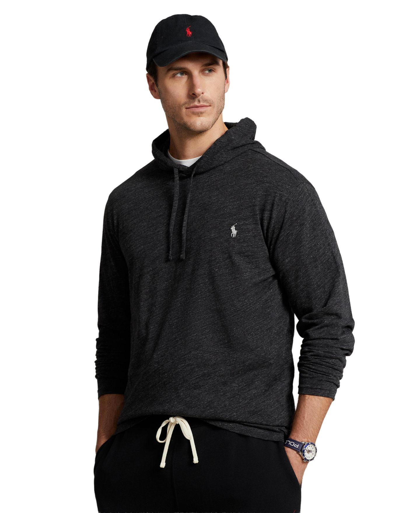 Мужская футболка Polo Ralph Lauren Big & Tall Jersey Hooded, цвет: Чёрный меланжевый — фото 1