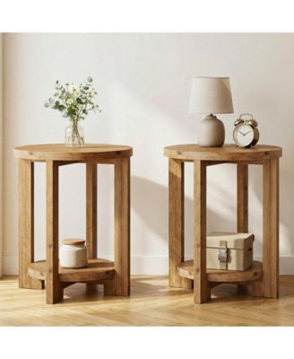 Solid Wood Round End Table Set of 2, Accent Bed Side Table with Storage Shelf, 2-Tier Circle Wood Nightstand