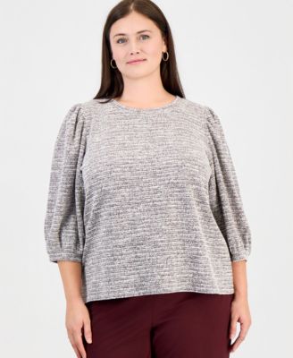 Plus Size Crew Neck 3/4-Length Balloon Sleeves Textured Knit Sweater