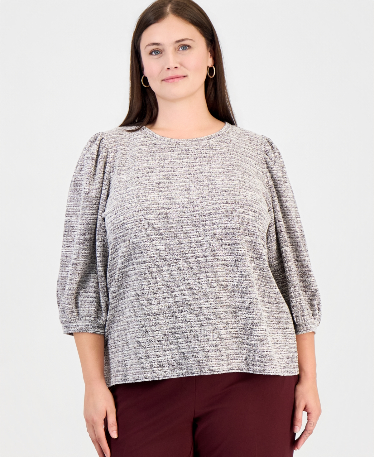 Anne Klein Essentials Plus Crew Neck 3/4-Length Balloon Sleeves Textured Knit Sweater
