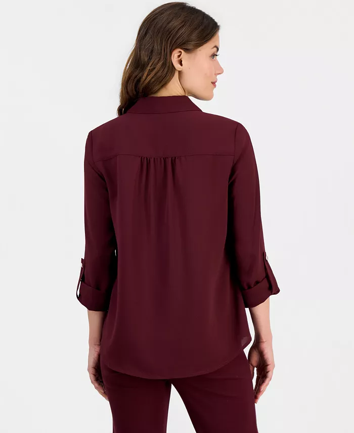Petite V-Neck 3/4-Length Roll-Tab Sleeve Blouse - thumbnail 3
