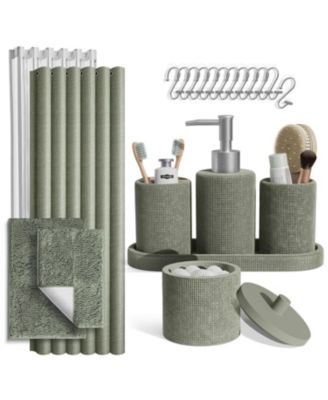 Complete Burlap Texture Polyresin Bathroom Decor and Accessory Set with Shower Curtain and Bath Rugs