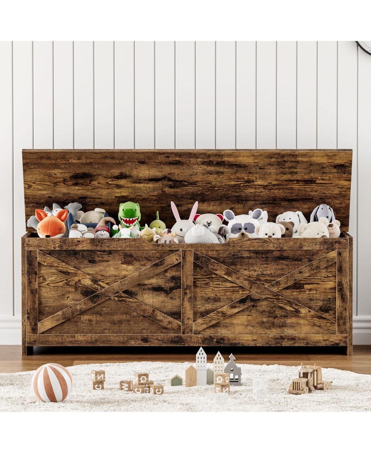 homfan 47.2" Wooden Storage Chest with Safety Hinges - Farmhouse Style Entryway Spacious Shoe and Blanket Organizer