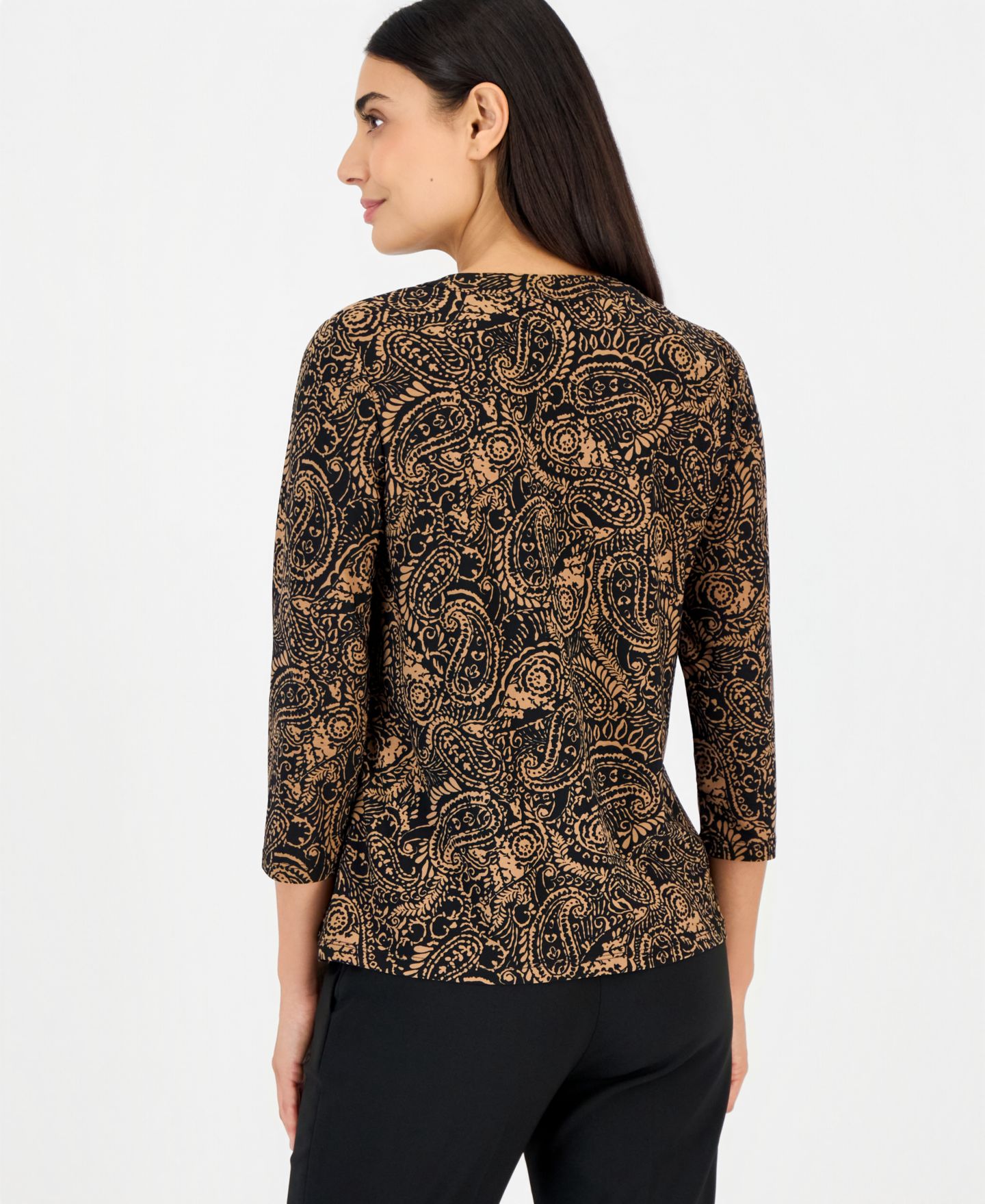 Женский топ Anne Klein Essentials Petite Woodblock-Print V-Neck 3/4-Sleeve Henley, цвет: Чёрный — фото 2