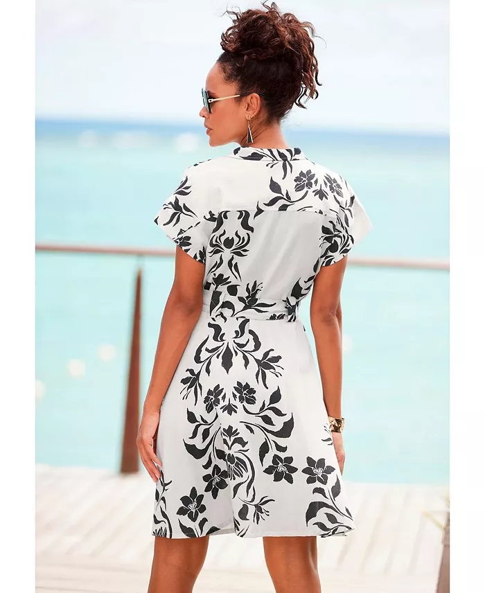 Women's Viscose Belted Button-Front Lightweight Dress - thumbnail 3