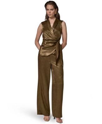 Women's Tie Waist Sleeveless Top and Pinstripe Satin Pull-On Pants