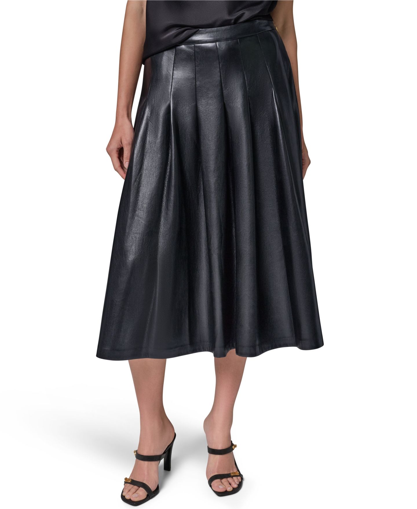 Женская юбка Donna Karan New York Pleated Faux Leather Midi, цвет: Чёрный — фото 1