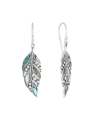 Abalone Oxidized Dotted Feather Drop Earrings