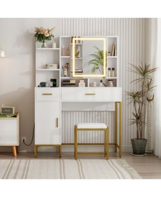 Makeup Vanity with LED Lights, Modern Dressing Set with Cushioned Stool, 3 Lighting Modes 2 Drawers, Open Shelves, Cabinet and Charging Station