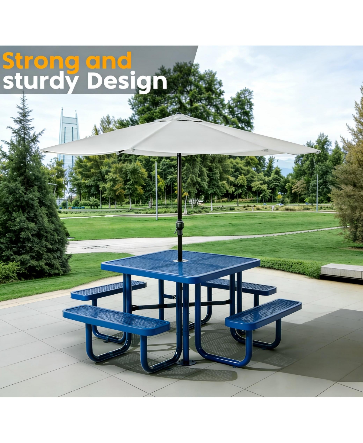 homfan Heavy Duty Metal Picnic Tables for Outdoors with Umbrella Hole, Square Top Coated Steel Commercial Grade Furniture Set Weather
