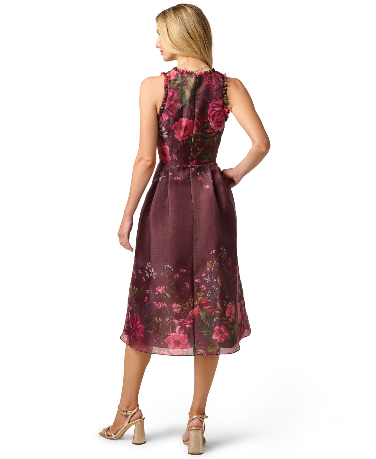 Женское платье Adrianna Papell V-Neck Printed Organza Midi, цвет: Бордовый — фото 5