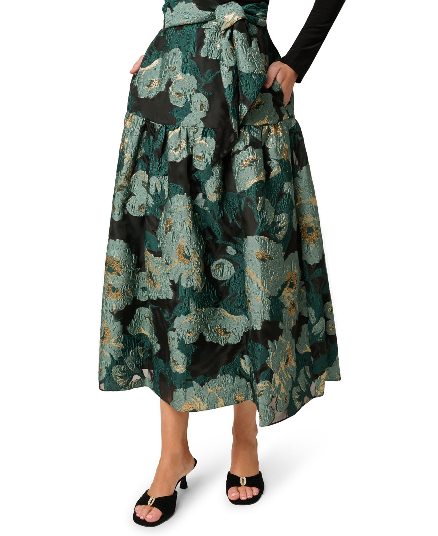 Женское платье Adrianna Papell Floral Jacquard V-Neck, цвет: Чёрный / Изумрудный — фото 4