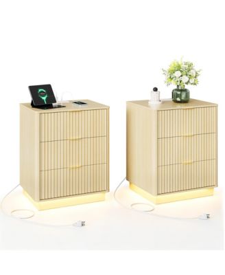 Fluted Nightstand Set of 2, Wooden Night Stand with Charging Station and LED Light, Modern Mid Century Bedside End Table with 3 Drawers