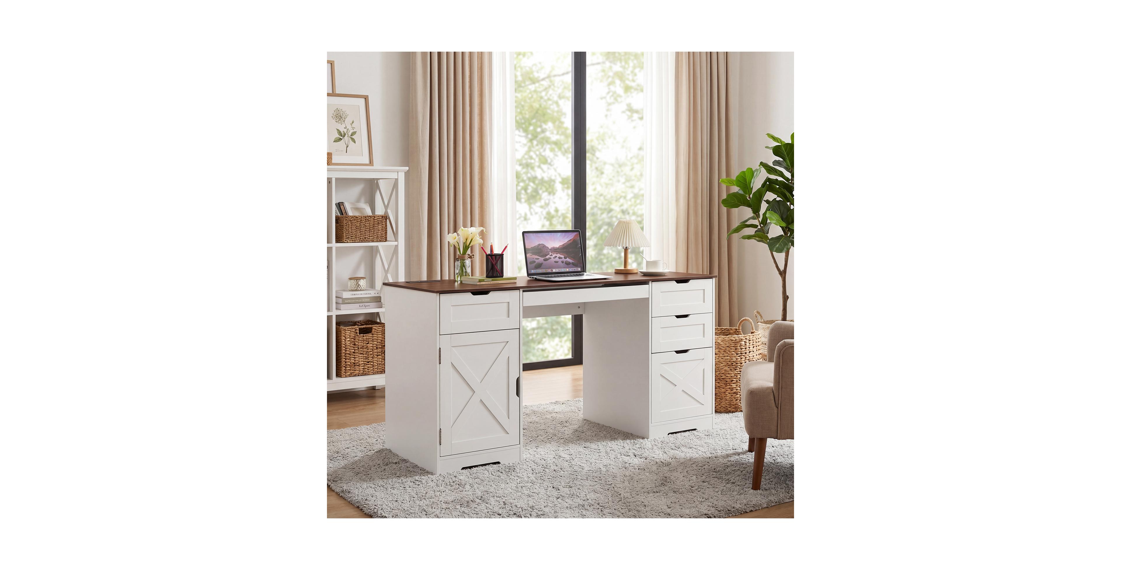 gaomon 59 Inch Office Desk with 4 Drawers, Farmhouse Home Office Desk with Charging Station and Keyboard Tray for Home Office and Studio