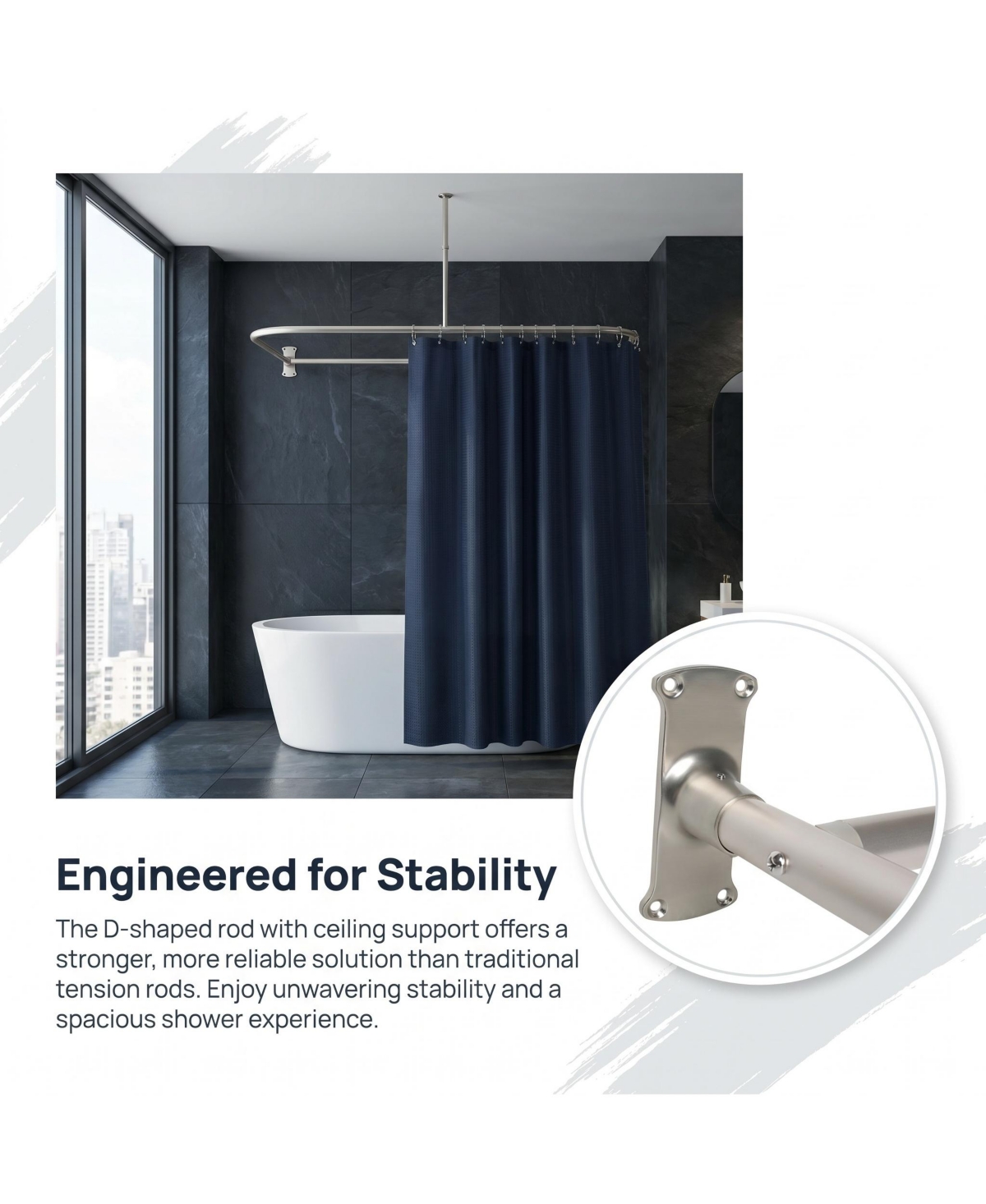 Utopia Alley D-Shaped Shower Rod with Ceiling Support, 28-68" Non-Adjustable and Stable