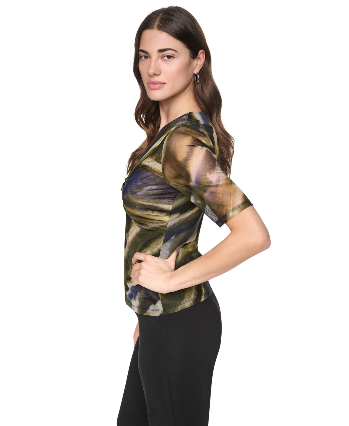 Dkny Women's Printed Mesh Twist-Front V-Neck Top