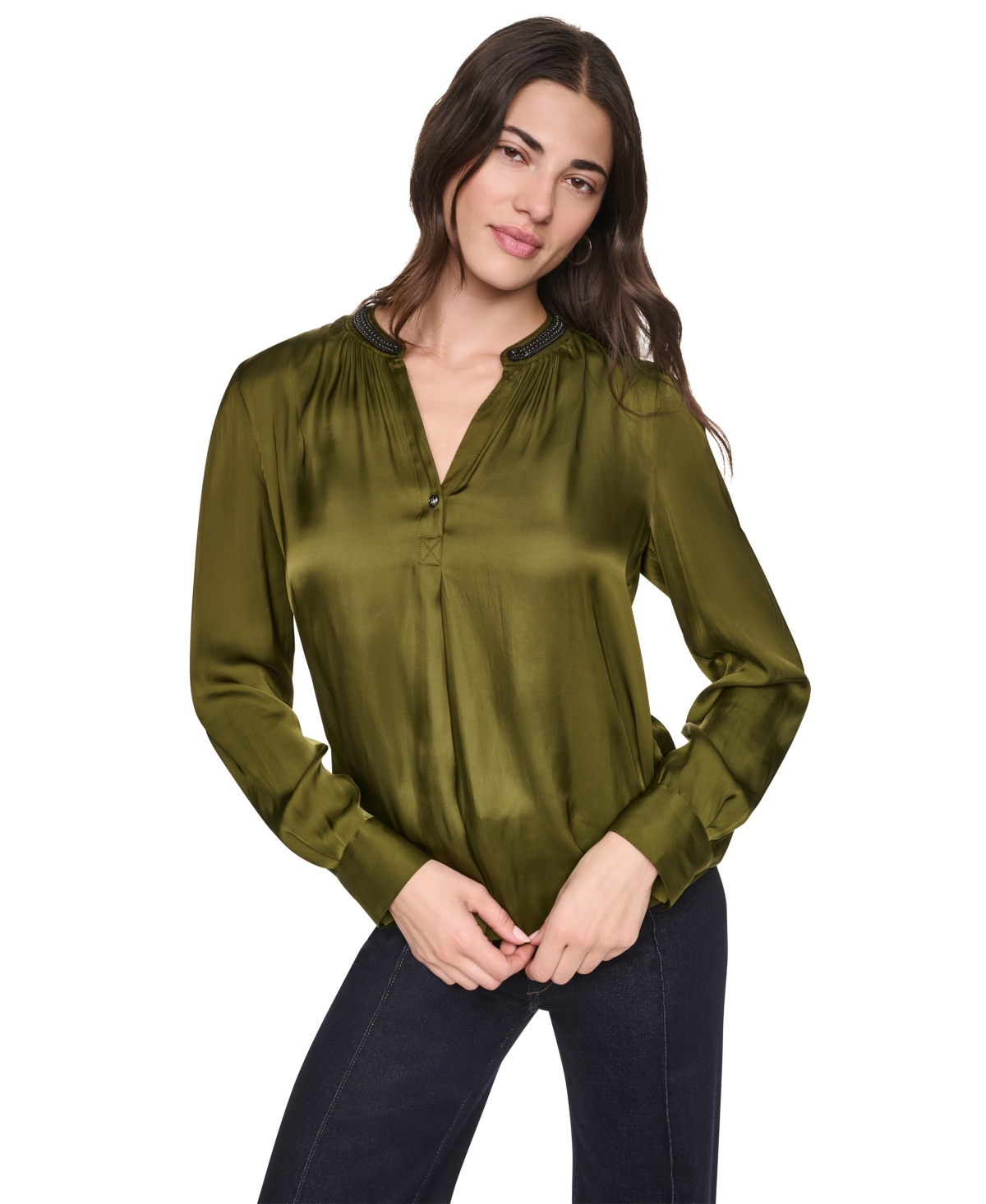 Dkny Women's V-Neck Satin Long-Sleeve Top