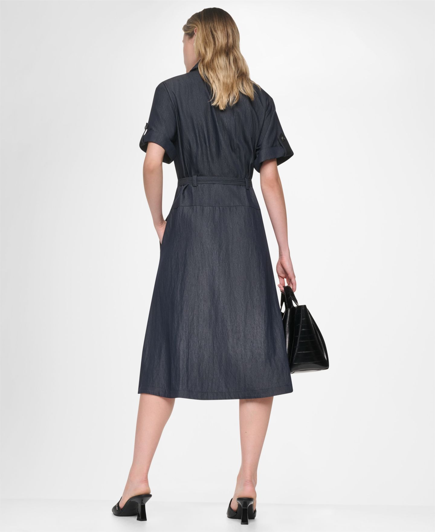 Женское платье DKNY Collared Short-Sleeve Removable Belt Midi, цвет: Тёмный индиго варёный — фото 12