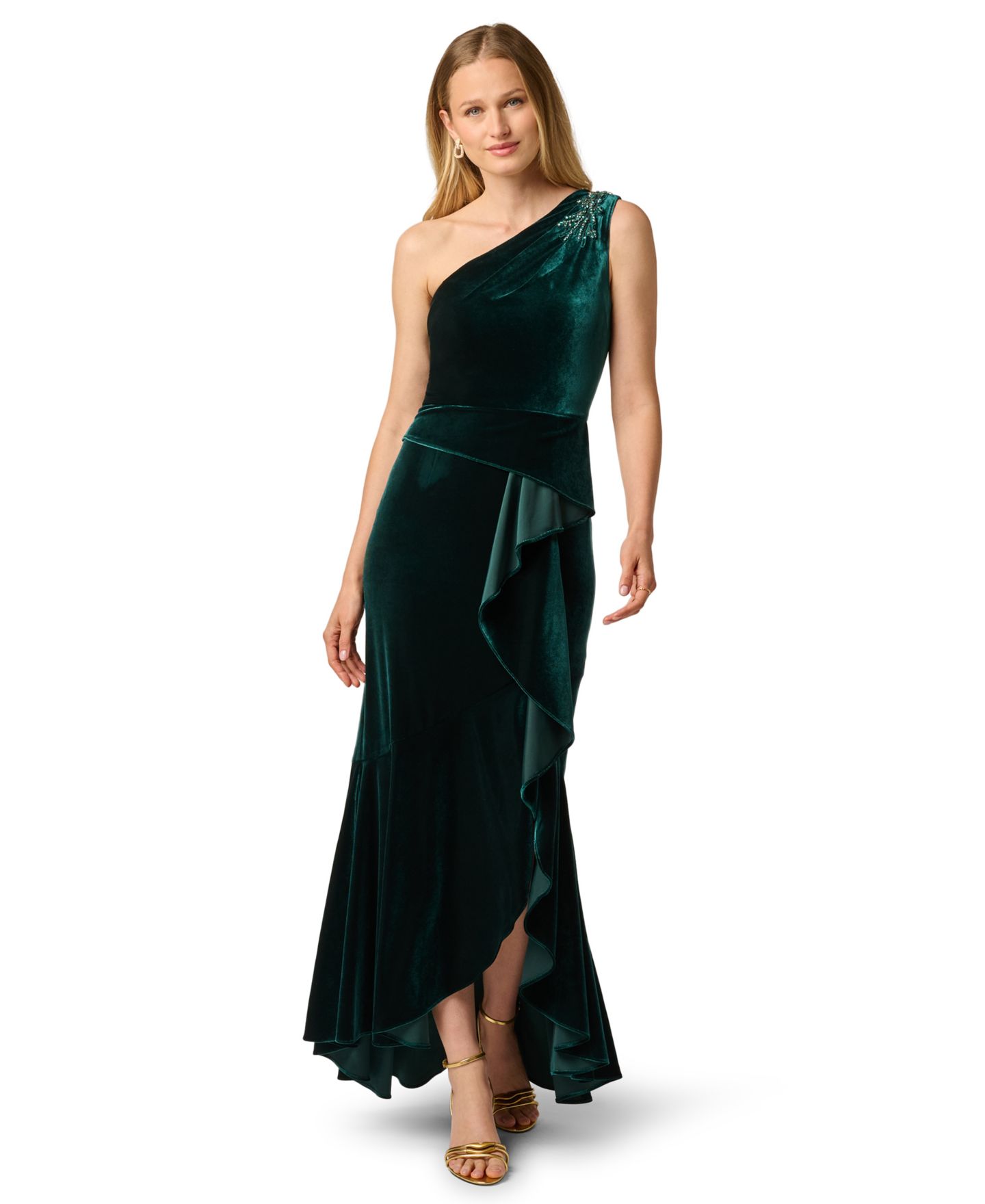 Женское платье Adrianna Papell Petite One-Shoulder Velvet, цвет: Тёмно-зелёный — фото 1