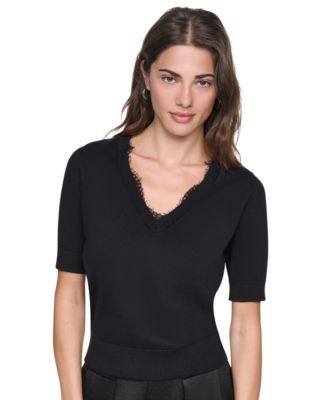 Women's Lace Trim Crewneck Short-Sleeve Cotton Sweater