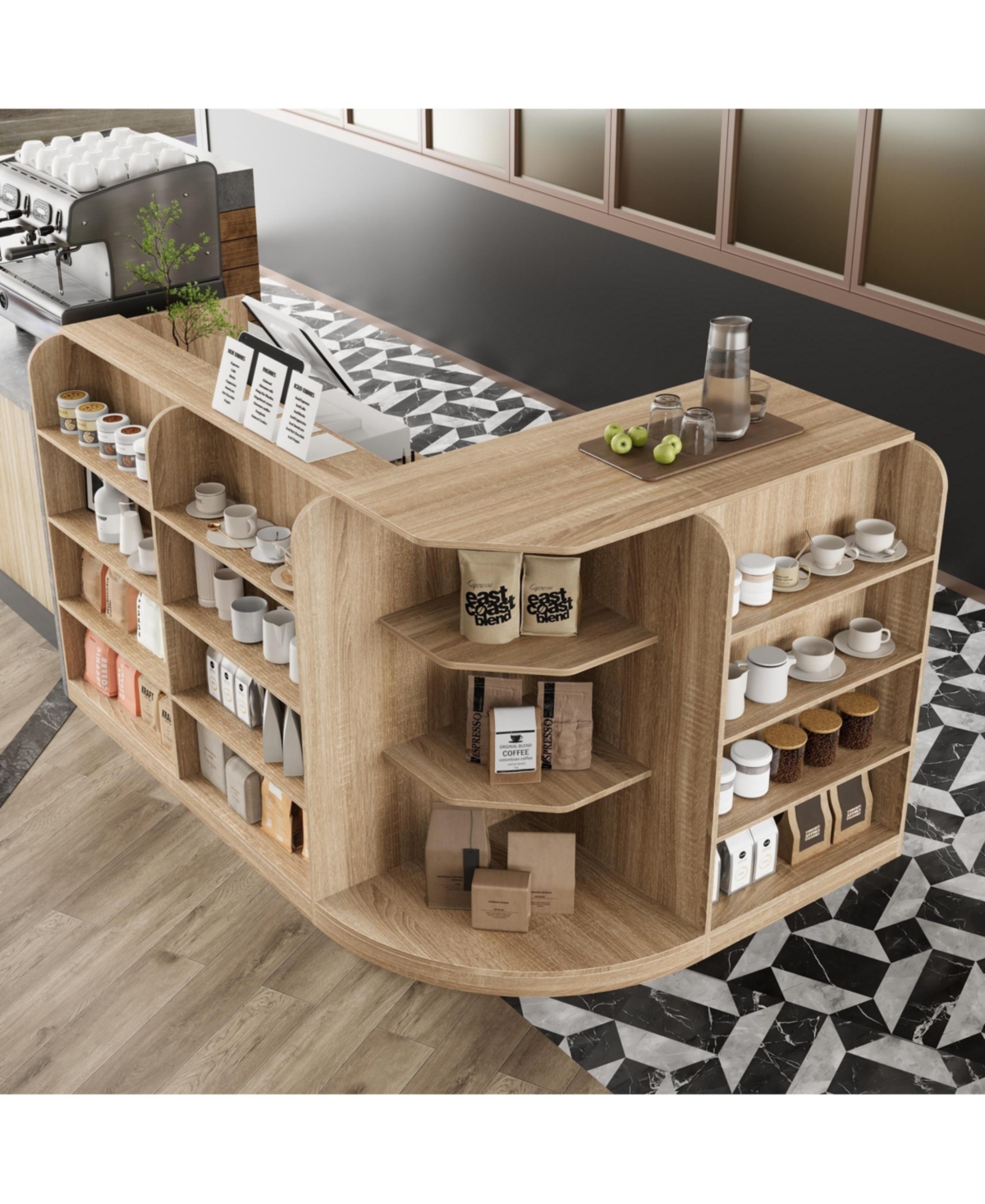Homsee L-Shaped Reception Desk with Storage - Premium Engineered Wood Front Desk with Open Shelves and Drawers