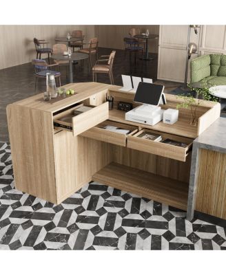 L-Shaped Reception Desk with Storage - Premium Engineered Wood Front Desk with Open Shelves and Drawers