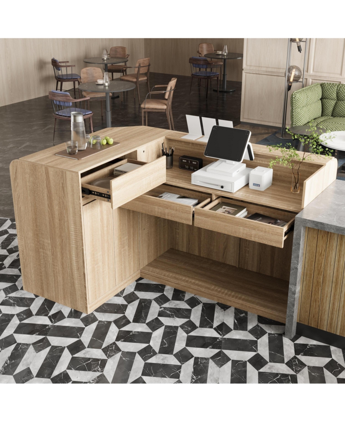 Homsee L-Shaped Reception Desk with Storage - Premium Engineered Wood Front Desk with Open Shelves and Drawers