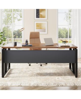 63" Computer Desk with Bottom Storage Shelf:Home office writing table for workstation. Dark Walnut Plus steel legs.(Cabinet not included)