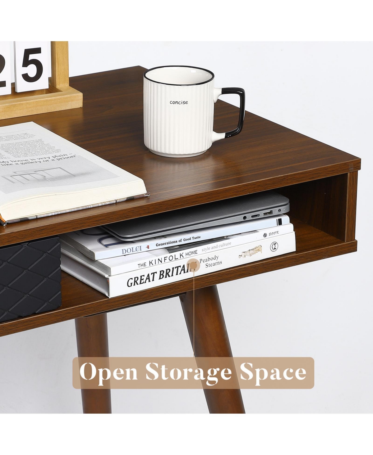 homfan Space-Saving Mid-Century Writing Desk - Computer Table with Drawer and Open Cubby - Sturdy Wood - Easy Assembly