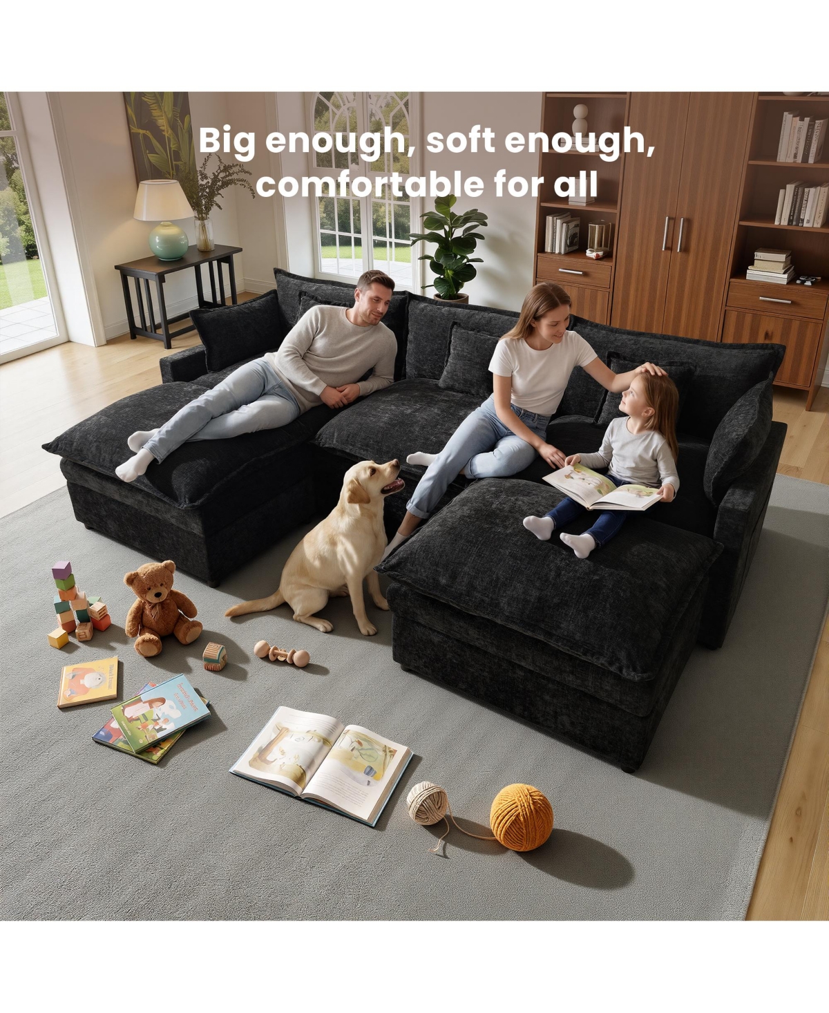 Xizzi 108" U-Shaped Modular Sectional Sofa with 2 Ottoman, Comfy Chenille Cloud Couch Deep Seat Bed 5 Pillows for Living Room, 5-Seater