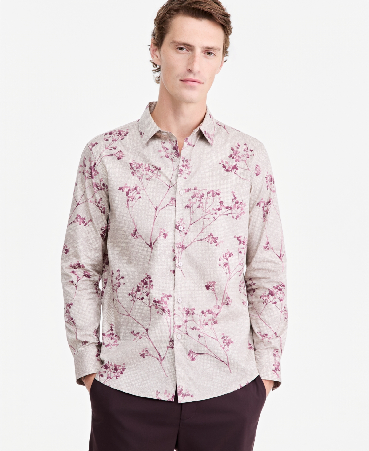 Macy's Men's Botanical Texture Long-sleeve Floral Button-down Shirt, Created For  In Linen Haze