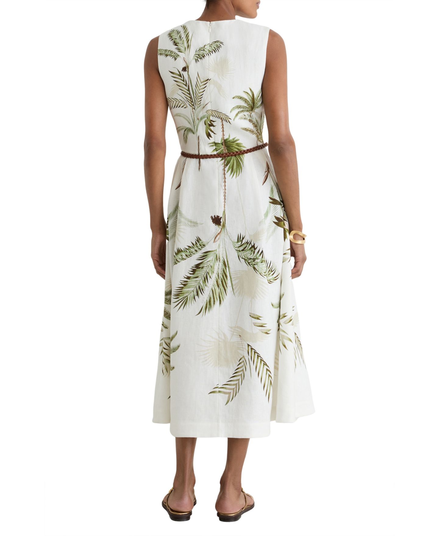 Женское платье REISS Palma Linen Palm-Print Sleeveless Midi, цвет: Слоновая кость — фото 2