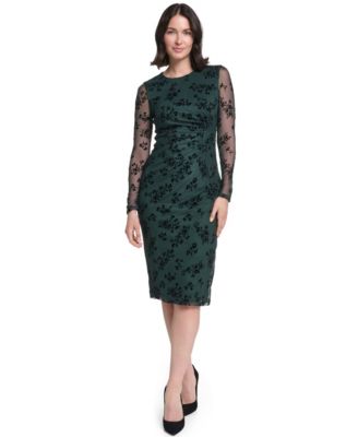 Petite Floral Long-Sleeve Side-Shirred Sheath Dress