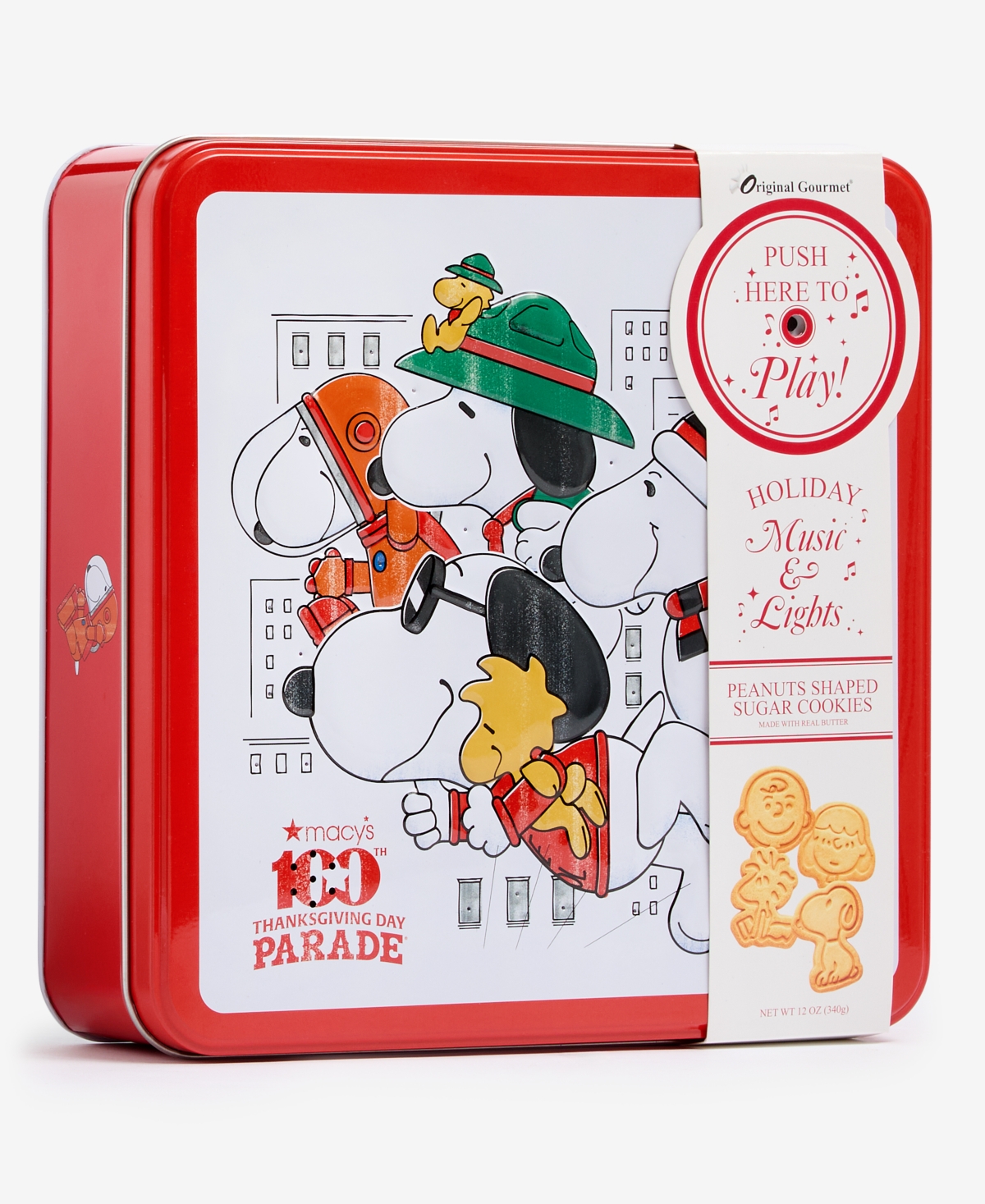 Macy's 100th Thanksgiving Day Parade Holiday Peanuts Shaped Sugar Cookie Musical Tin, 12 oz.