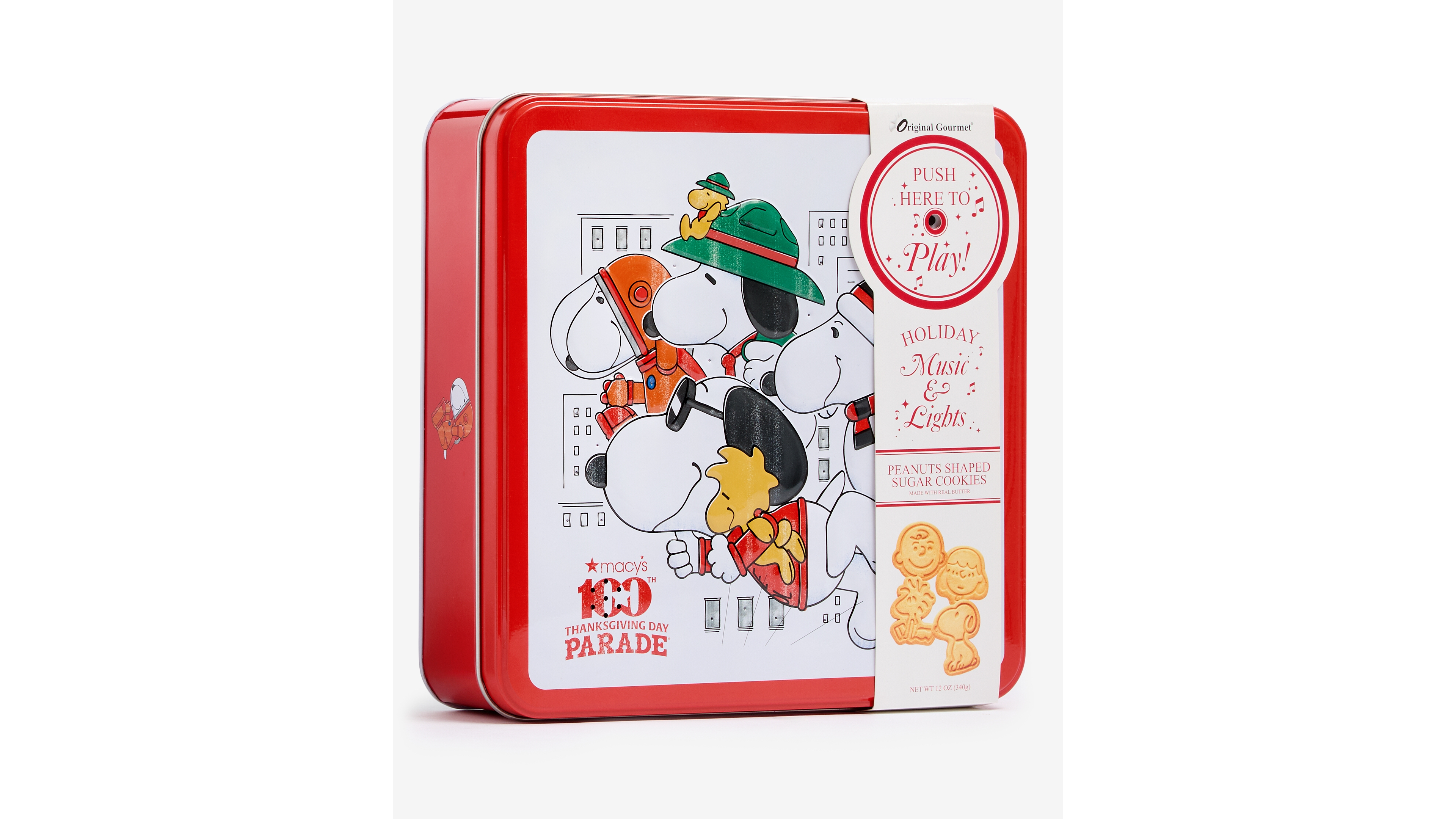 Macy's 100th Thanksgiving Day Parade Holiday Peanuts Shaped Sugar Cookie Musical Tin, 12 oz.