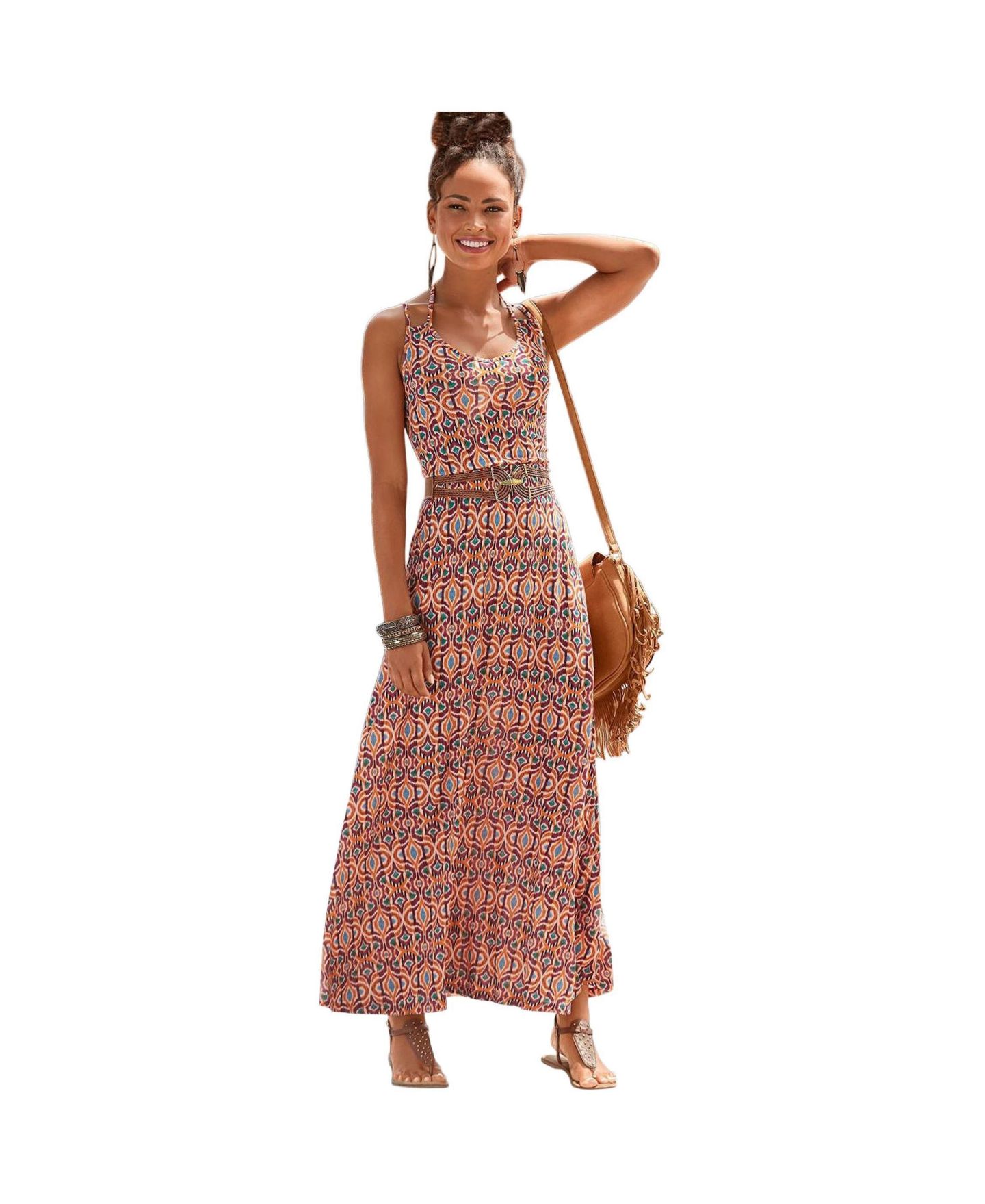 Женское платье LASCANA Viscose Tropical Print Halterneck V-Neck Maxi, цвет: Оранжевый с принтом — фото 1
