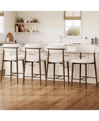 Mid-Century Modern Counter Height Bar Stools Set of 4, Linen Upholstered, Natural Finish Leg Frame, Kitchen Island Seating, 26" Seat H