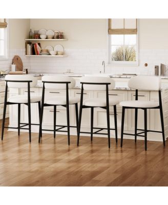 Mid-Century Modern Counter Height Bar Stools Set of 4, Linen Upholstered, Natural Finish Leg Frame, Kitchen Island Seating, 26" Seat H
