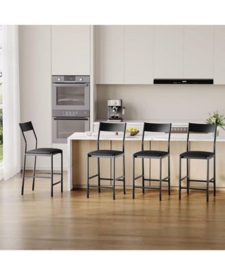 Modern Bar Stools Set of 4, 24 Inch Counter Height, PU Leather Barstools with Backrest and Footrest, 300 LB Capacity