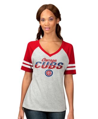 Women's Heather Gray Chicago Cubs Goal Line Raglan V-Neck T-Shirt