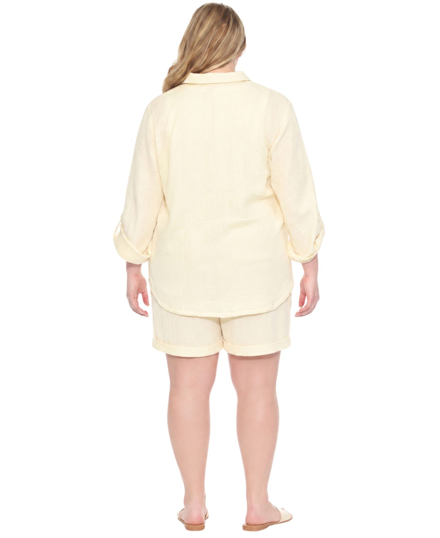 Женский комплект White Mark Plus Size Gauze Button-Front Shirt Shorts Set, цвет: Слоновая кость — фото 5