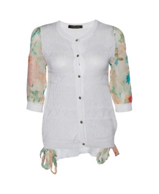 Women's Perforated Knit and Printed Silk Sleeve Cardigan