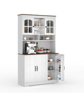 Tall Kitchen Pantry Cabinet with Hutch, 71'' Storage, Glass Doors, Built-in Charging Station, Dining Room Wine Rack and Cupboard