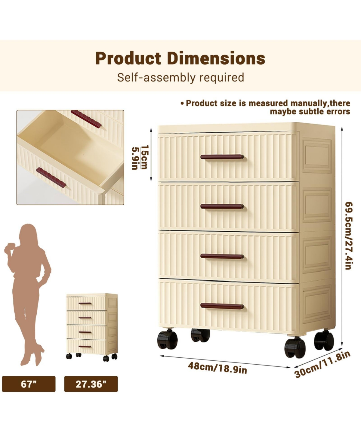 homfan Plastic Storage Drawer Cart, Pull Out Home Organization Storage Container Rolling Bin Vertical Storage Unit for Bedroom Living Room Office
