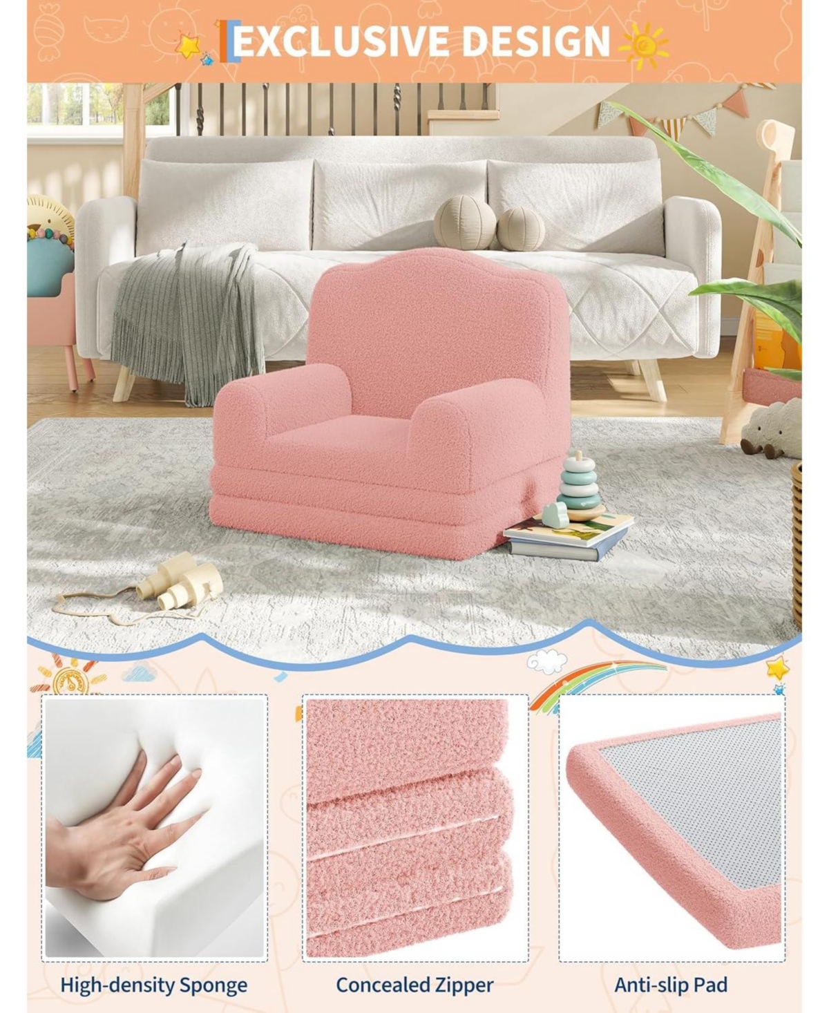 gaomon Kids Couch, 2-in-1 Comfy Toddler Couch Fold Out, Convertible Sofa to Lounger Foam Kids Chair with Soft Sherpa