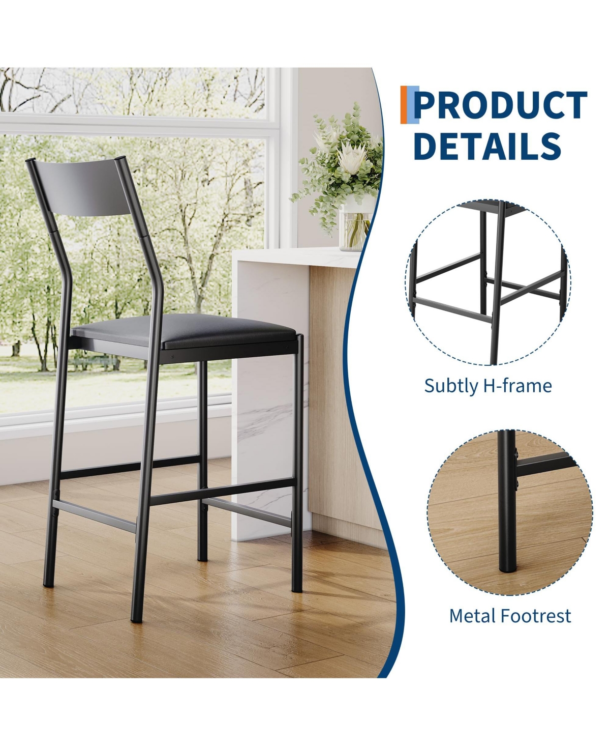 homfan Set of 2 Bar Stools, 24 Inch Pu Leather Counter Height Stools with Backrest and Footrest for Kitchen or Dining Room