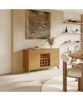 60" Wide Fluted Wine Bar Cabinet with 2 Side Cabinets, 3 Drawers, 4 Glass Holders and 12 Wine Racks, Modern Buffet Sideboard with Storage