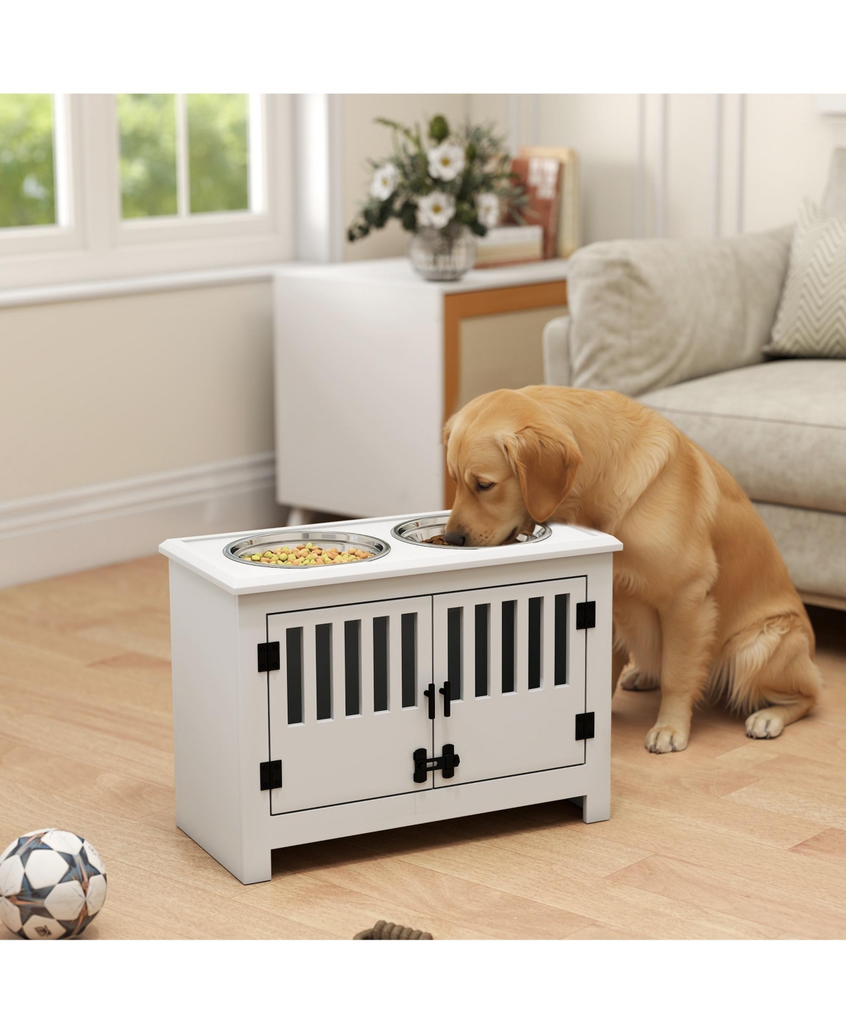 Ruie Dog Food Storage Cabinet Elevated Feeding Station with 2 Steel Bowls
