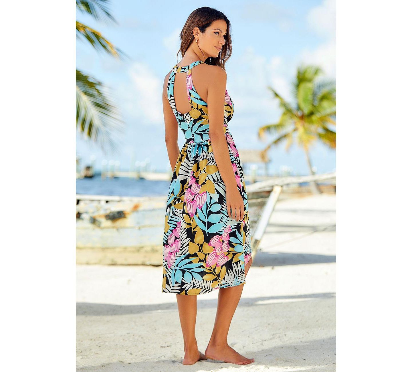 Женское платье Lascana Tropical Print High-Low Cutout A-Line Halter-Neck Midi — фото 3